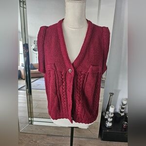62 East Womens Cable Knit Sweater Vest Burgundy Cotton Blend Button Front Sz L